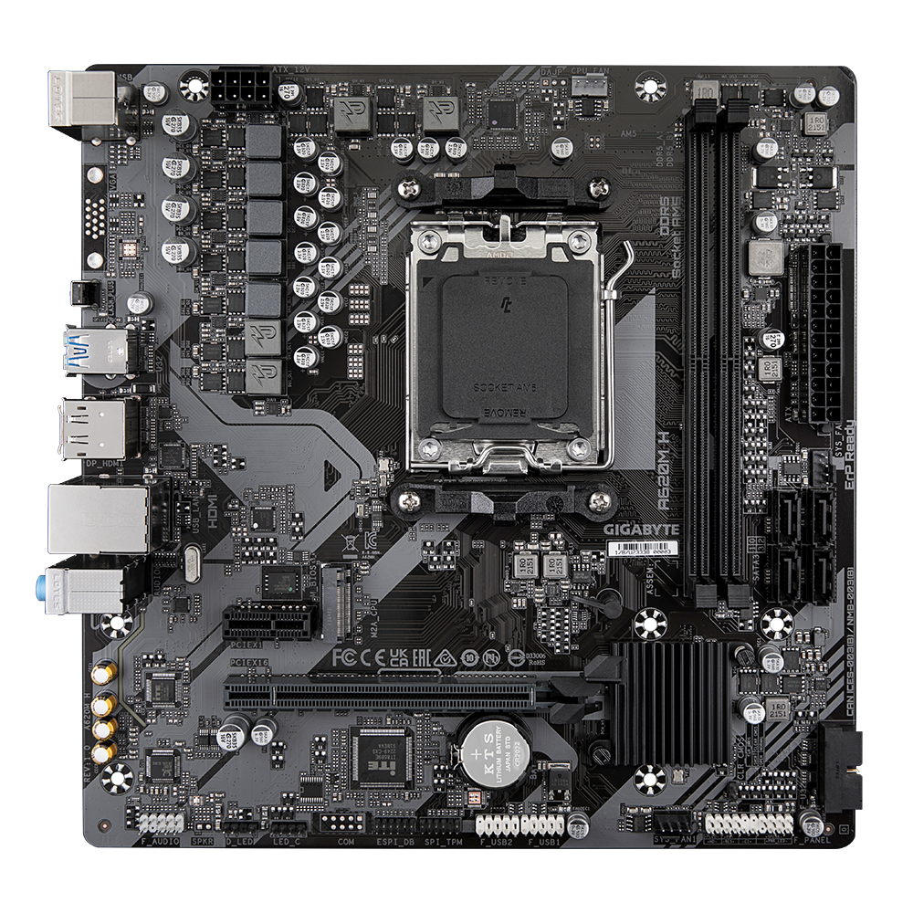 Gigabyte A620M H 1.0 M/B Processor family AMD Processor socket AM5 DDR5 DIMM Memory slots 2 Supported hard disk drive interfaces SATA, M.2 Number of SATA connectors 4 Chipset AMD A620 Micro ATX - Image 3