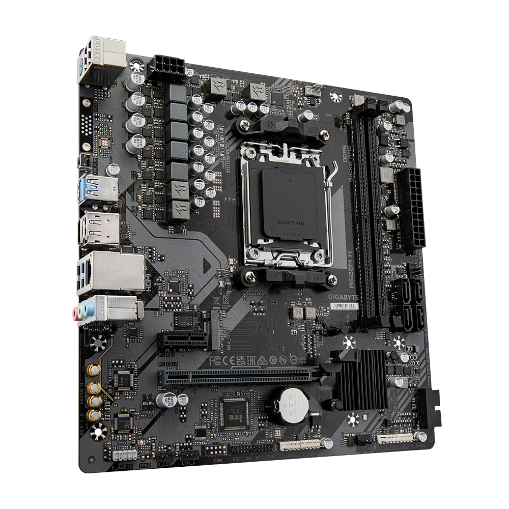 Gigabyte A620M H 1.0 M/B Processor family AMD Processor socket AM5 DDR5 DIMM Memory slots 2 Supported hard disk drive interfaces SATA, M.2 Number of SATA connectors 4 Chipset AMD A620 Micro ATX - Image 4