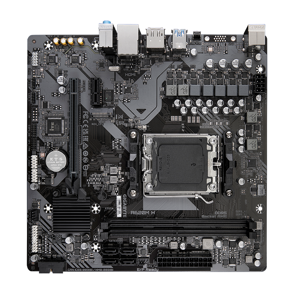 Gigabyte A620M H 1.0 M/B Processor family AMD Processor socket AM5 DDR5 DIMM Memory slots 2 Supported hard disk drive interfaces SATA, M.2 Number of SATA connectors 4 Chipset AMD A620 Micro ATX - Image 5
