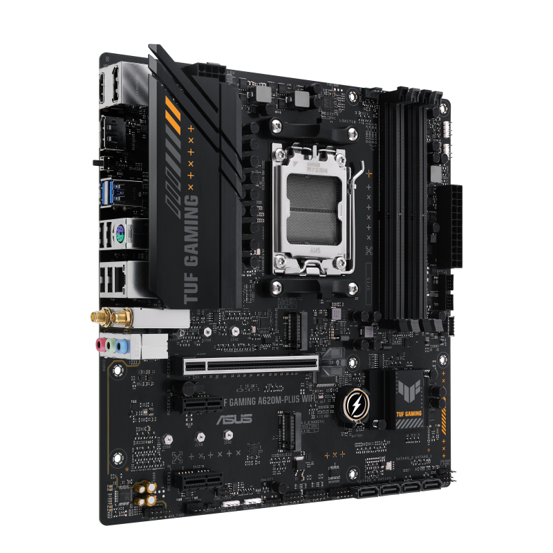 Asus TUF GAMING A620M-PLUS WIFI Processor family AMD Processor socket AM5 DDR5 DIMM Memory slots 4 Supported hard disk drive interfaces SATA, M.2 Number of SATA connectors 4 Chipset AMD A620 Micro-ATX - Image 3