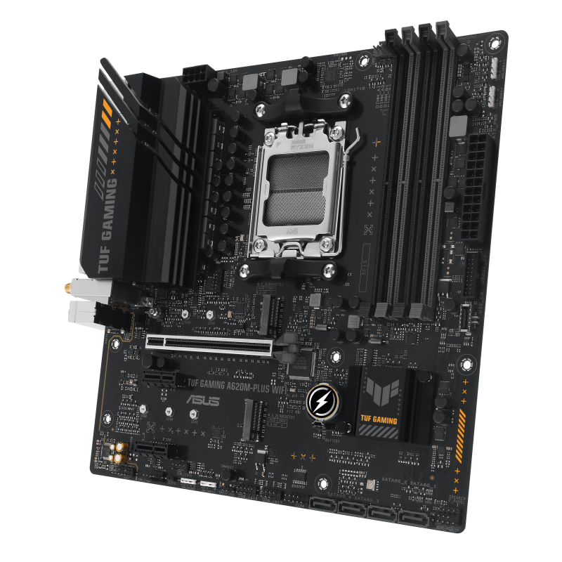Asus TUF GAMING A620M-PLUS WIFI Processor family AMD Processor socket AM5 DDR5 DIMM Memory slots 4 Supported hard disk drive interfaces SATA, M.2 Number of SATA connectors 4 Chipset AMD A620 Micro-ATX - Image 4