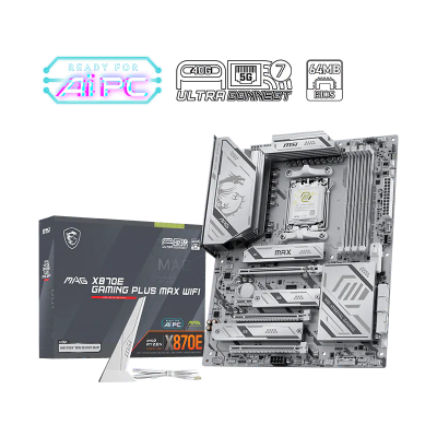 MSI MAG X870E GAMING PLUS MAX WIFI Processor family AMD Processor socket AM5 DDR5 Supported hard disk drive interfaces SATA, M.2 Number of SATA connectors 4