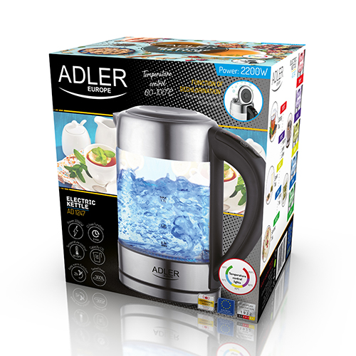Adler Kettle AD 1247 With electronic control 1850 W 1.7 L Stainless steel/Glass 360° rotational base Stainless steel/Transparent - Image 2