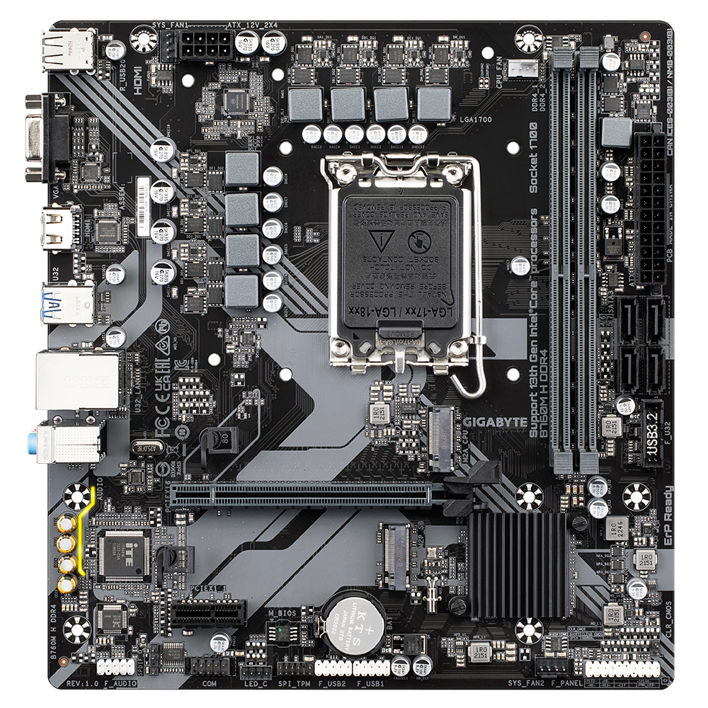 Gigabyte B760M H DDR4 1.0 M/B Processor family Intel Processor socket LGA1700 DDR4 DIMM Memory slots 2 Supported hard disk drive interfaces SATA, M.2 Number of SATA connectors 4 Chipset Intel B760 Express Micro ATX