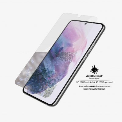 PanzerGlass Samsung Galaxy S22 Tempered glass Transparent Case friendly. Compatible with ultrasonic fingerprint sensor. 100 % touch sensitivity. Antibacterial (ISO 22196 certified & JIS 22810 approved) Screen Protector