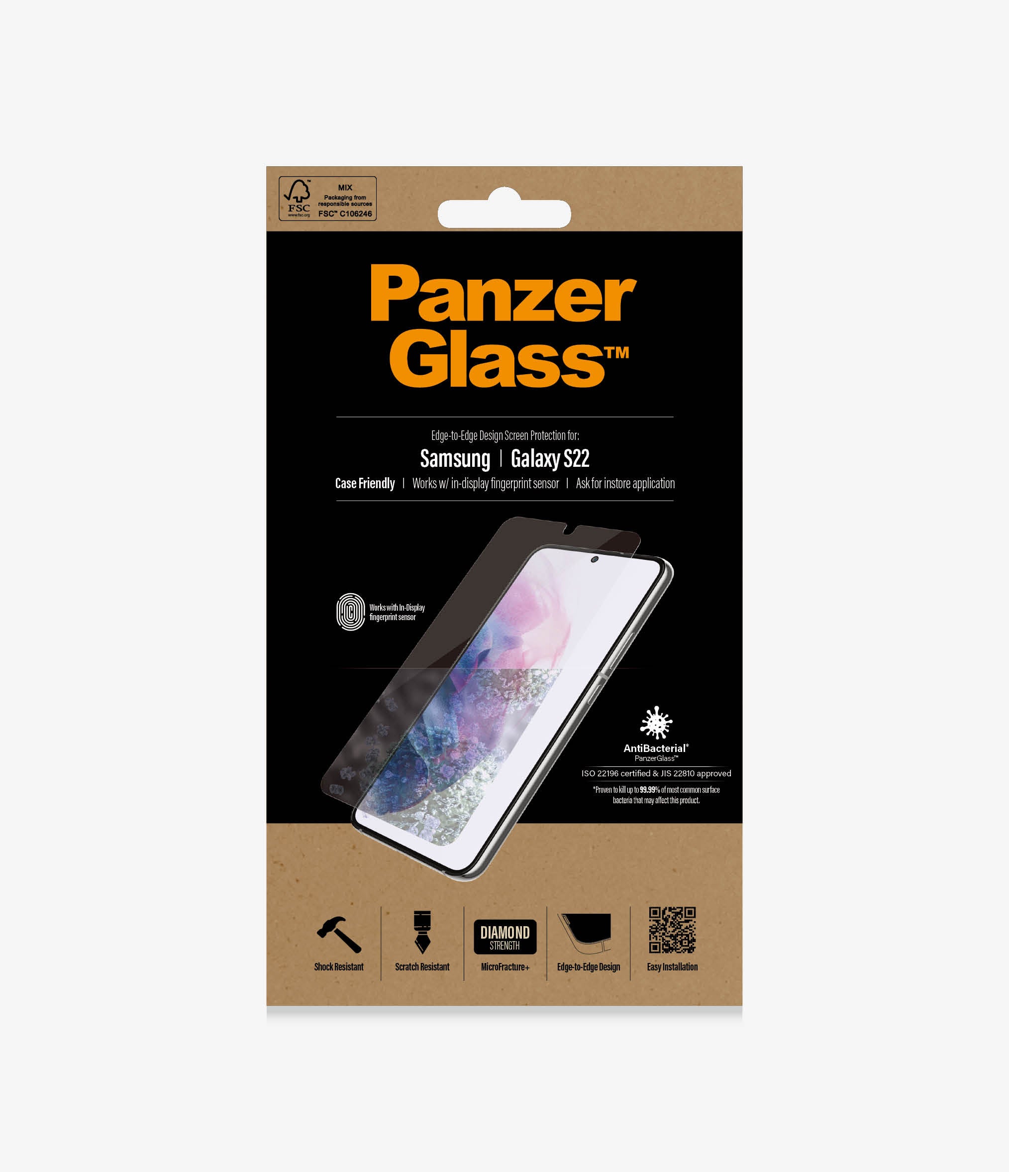 PanzerGlass Samsung Galaxy S22 Tempered glass Transparent Case friendly. Compatible with ultrasonic fingerprint sensor. 100 % touch sensitivity. Antibacterial (ISO 22196 certified & JIS 22810 approved) Screen Protector - Image 3