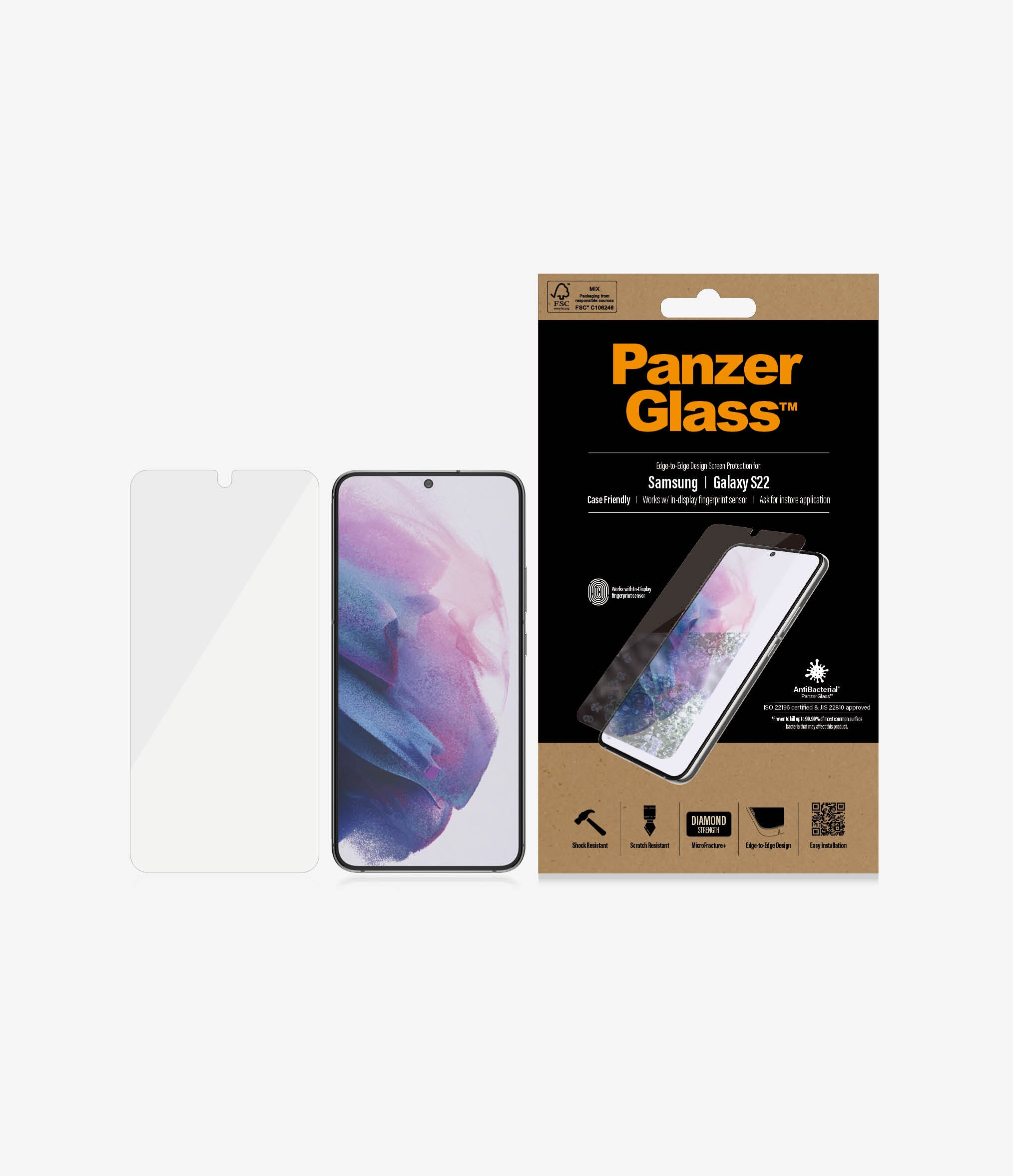 PanzerGlass Samsung Galaxy S22 Tempered glass Transparent Case friendly. Compatible with ultrasonic fingerprint sensor. 100 % touch sensitivity. Antibacterial (ISO 22196 certified & JIS 22810 approved) Screen Protector - Image 5