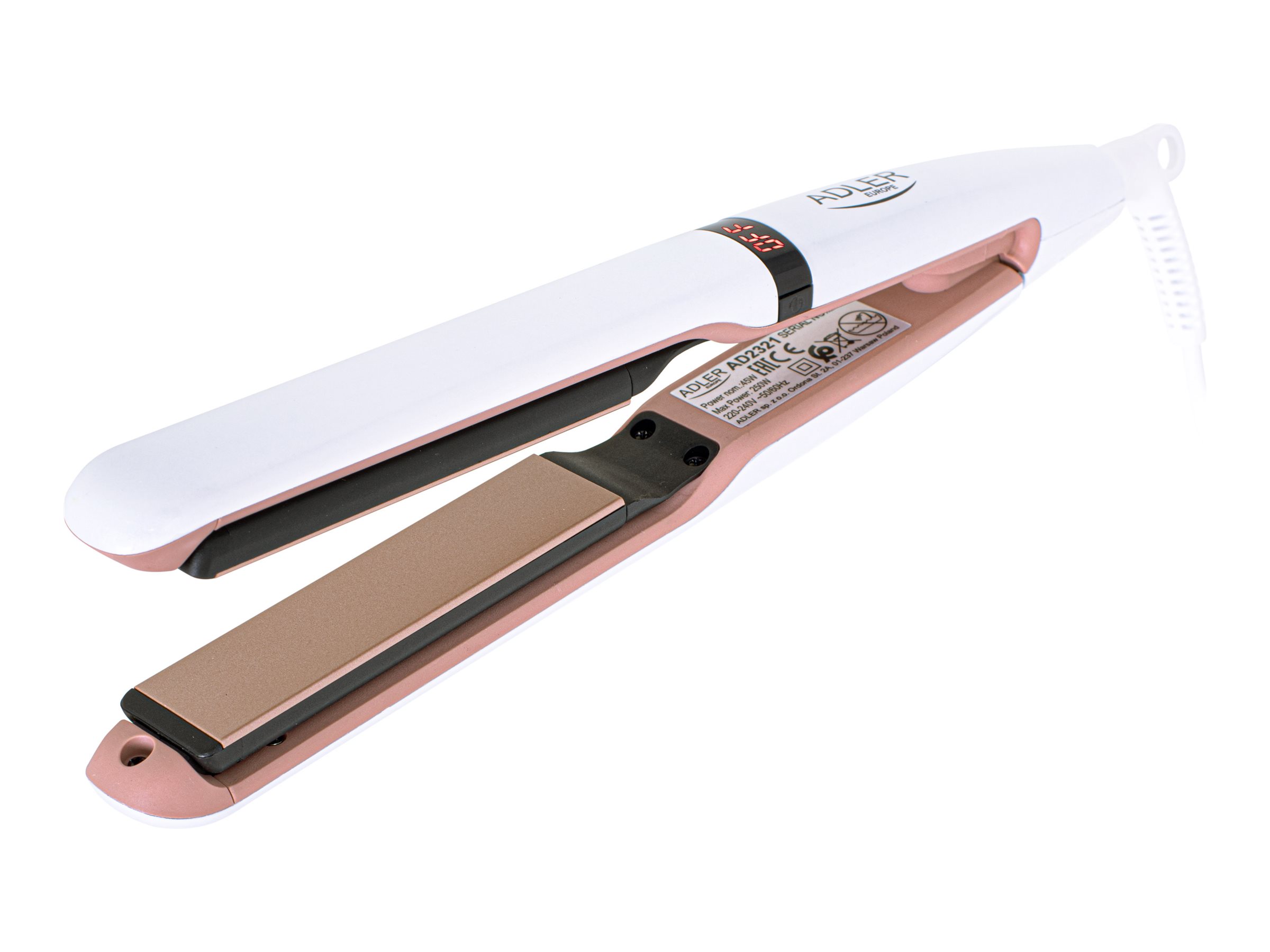 Adler Hair Straightener AD 2321 Warranty 24 month(s) Ceramic heating system Display LCD Temperature (min) 140 °C Temperature (max) 220 °C 45 W Pearl White - Image 2