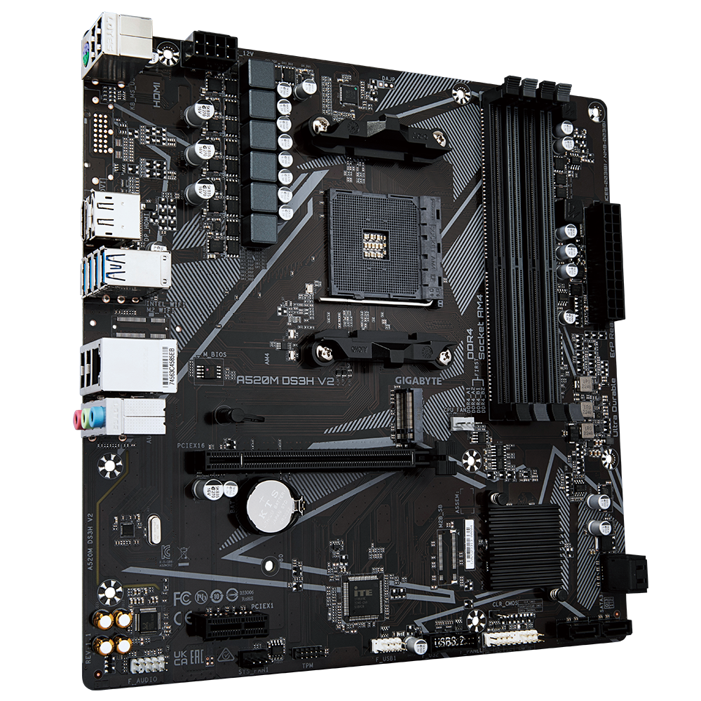 Gigabyte A520M DS3H V2 Processor family AMD Processor socket AM4 DDR4 DIMM Memory slots 2 Supported hard disk drive interfaces SATA, M.2 Number of SATA connectors 4 Chipset AMD A520 Micro ATX - Image 3