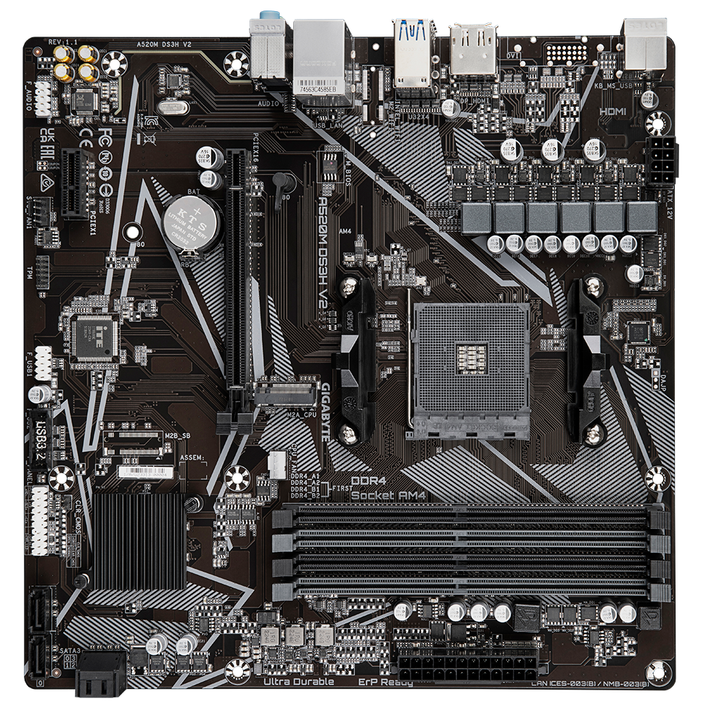 Gigabyte A520M DS3H V2 Processor family AMD Processor socket AM4 DDR4 DIMM Memory slots 2 Supported hard disk drive interfaces SATA, M.2 Number of SATA connectors 4 Chipset AMD A520 Micro ATX - Image 4