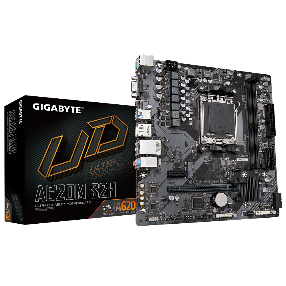 Gigabyte A620M S2H 1.0 M/B Processor family AMD Processor socket AM5 DDR5 DIMM Memory slots 2 Supported hard disk drive interfaces SATA, M.2 Number of SATA connectors 4 Chipset AMD A620 Micro ATX