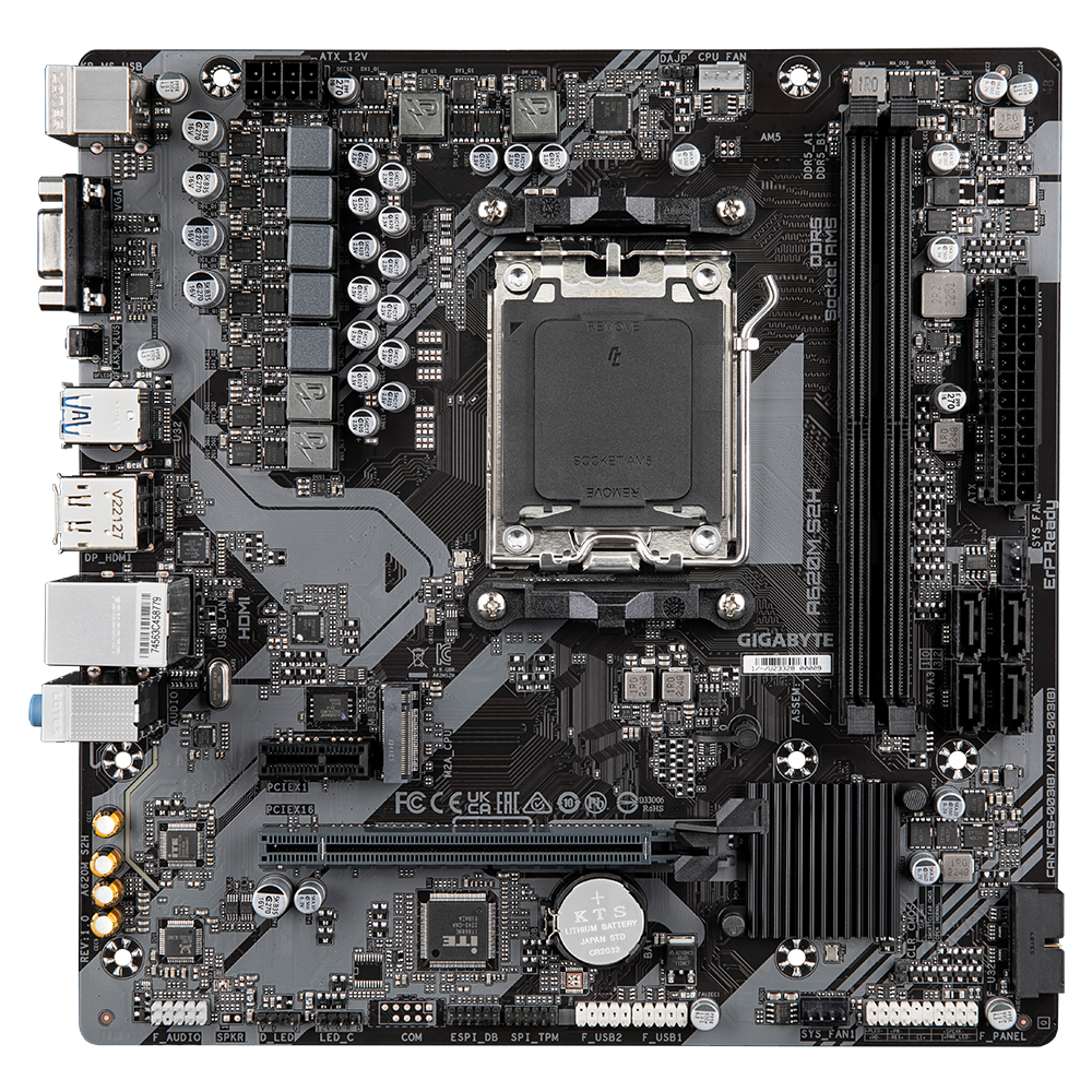 Gigabyte A620M S2H 1.0 M/B Processor family AMD Processor socket AM5 DDR5 DIMM Memory slots 2 Supported hard disk drive interfaces SATA, M.2 Number of SATA connectors 4 Chipset AMD A620 Micro ATX - Pilt 3