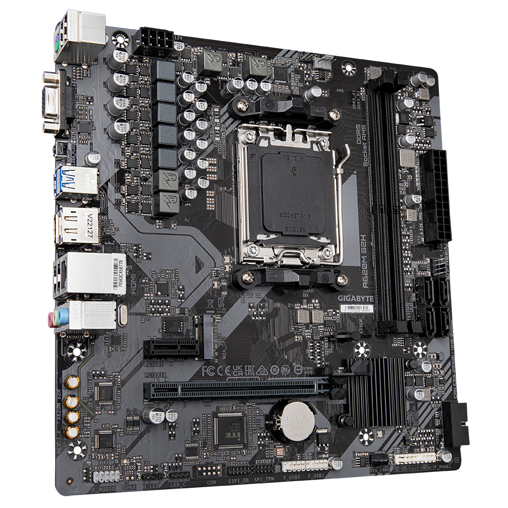 Gigabyte A620M S2H 1.0 M/B Processor family AMD Processor socket AM5 DDR5 DIMM Memory slots 2 Supported hard disk drive interfaces SATA, M.2 Number of SATA connectors 4 Chipset AMD A620 Micro ATX - Pilt 5