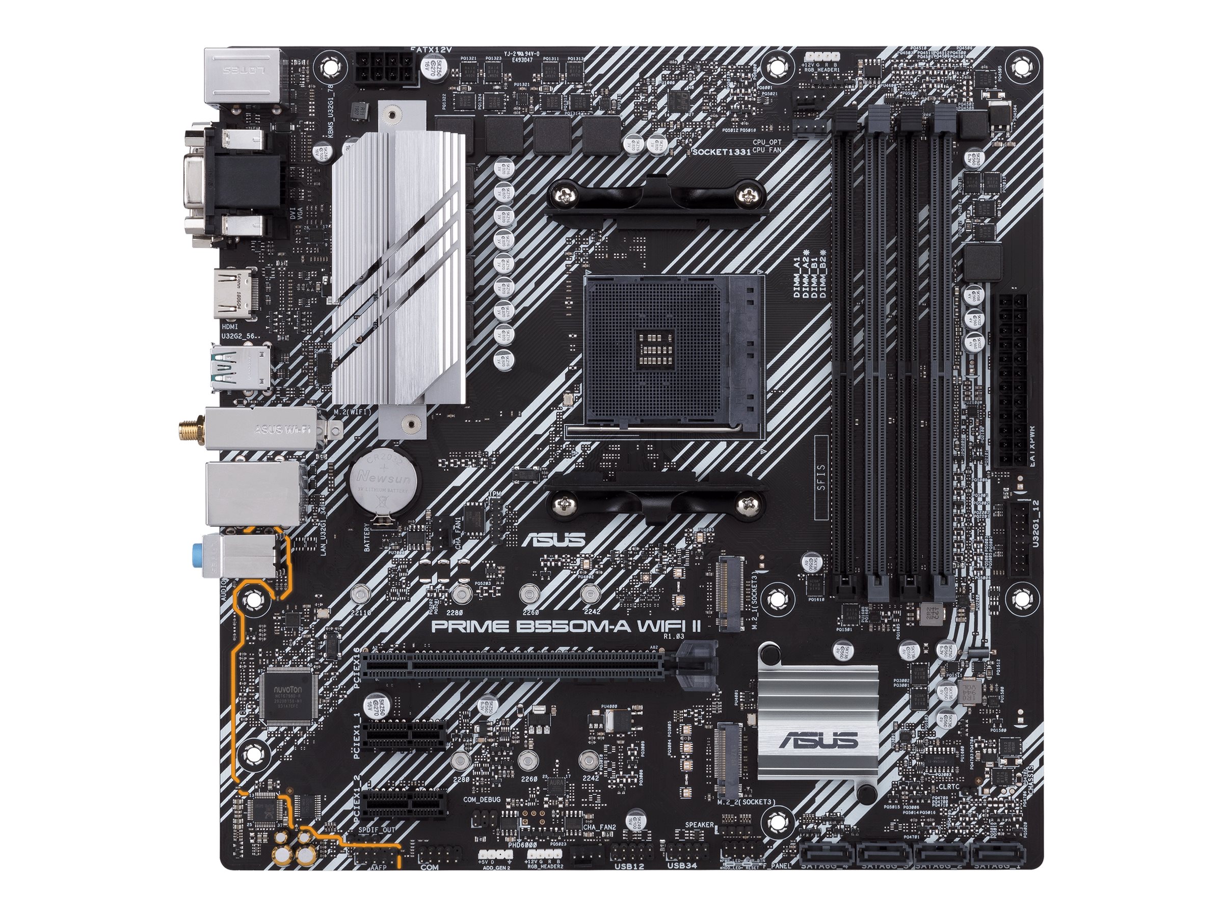 Asus PRIME B550M-A WIFI II Processor family AMD Processor socket AM4 DDR4 DIMM Memory slots 4 Supported hard disk drive interfaces SATA, M.2 Number of SATA connectors 4 Chipset AMD B550 microATX - Pilt 2