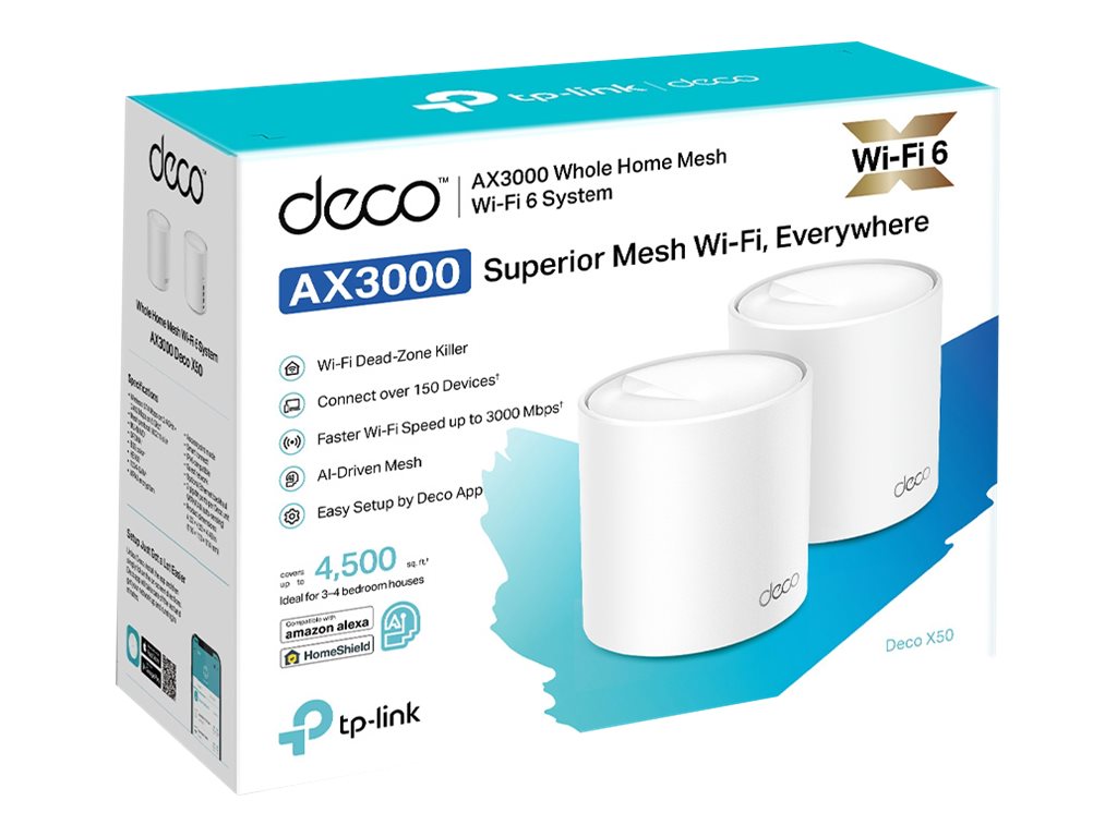 TP-LINK Whole Home Mesh Wi-Fi 6 System Deco X50 (2-pack) 802.11ax 574+2402 Mbit/s Ethernet LAN (RJ-45) ports 3 Mesh Support Yes MU-MiMO Yes No mobile broadband Antenna type Internal - Image 4