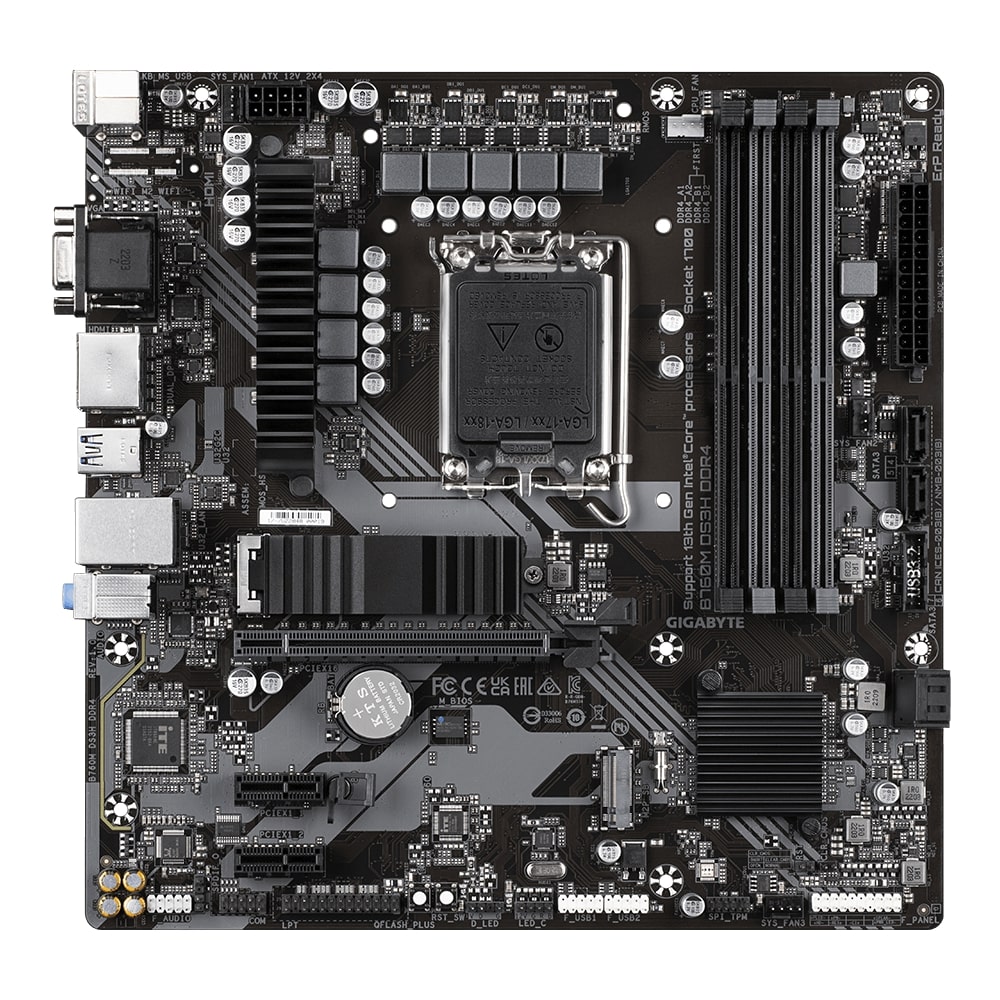 Gigabyte B760M DS3H DDR4 1.0 M/B Processor family Intel Processor socket LGA1700 DDR4 DIMM Memory slots 4 Supported hard disk drive interfaces SATA, M.2 Number of SATA connectors 4 Chipset Intel B760 Express Micro ATX
