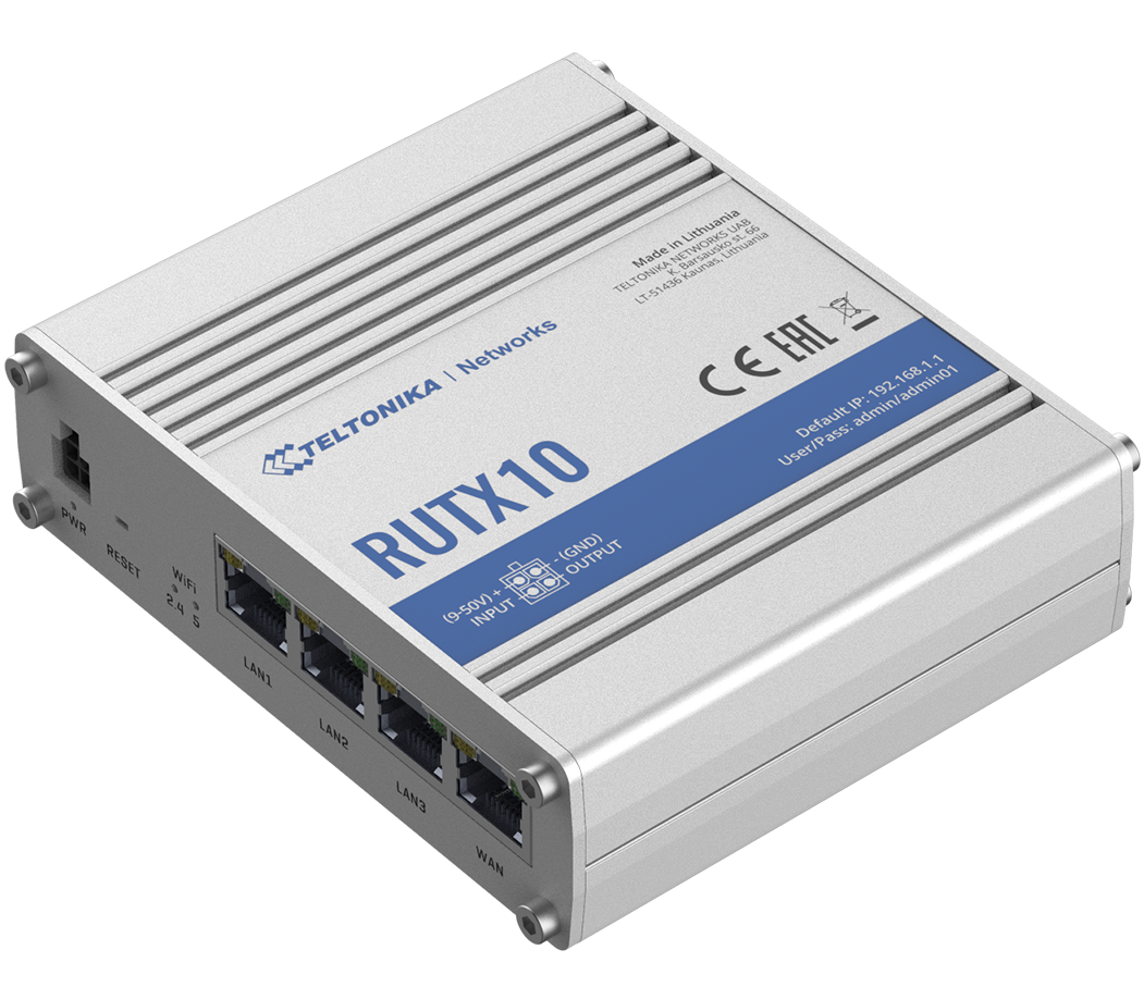 Teltonika Industrial Router RUTX10 802.11ac 867 Mbit/s 10/100/1000 Mbit/s Ethernet LAN (RJ-45) ports 4 Mesh Support No MU-MiMO No No mobile broadband 1 24 month(s)