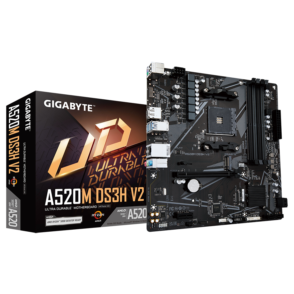 Gigabyte A520M DS3H V2 Processor family AMD Processor socket AM4 DDR4 DIMM Memory slots 2 Supported hard disk drive interfaces SATA, M.2 Number of SATA connectors 4 Chipset AMD A520 Micro ATX