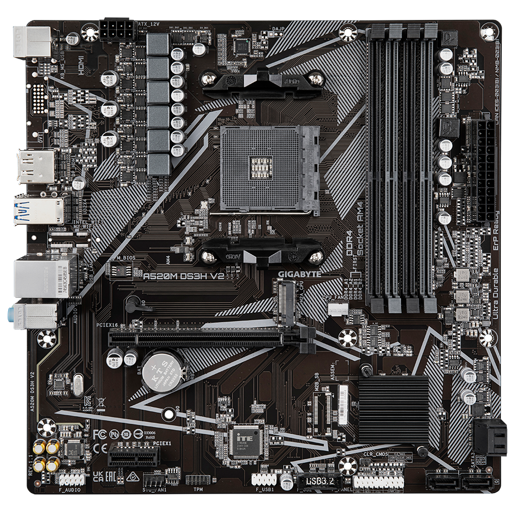 Gigabyte A520M DS3H V2 Processor family AMD Processor socket AM4 DDR4 DIMM Memory slots 2 Supported hard disk drive interfaces SATA, M.2 Number of SATA connectors 4 Chipset AMD A520 Micro ATX - Image 2