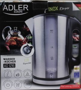 SALE OUT. Adler AD 1216 Cordless Water Kettle, 1.7L, 2000W, Filter, Boil-dry protection, Rotary base 360 degree, Illumination, Inox body SALE OUT. Adler Kettle AD 1216 Standard 2000 W 1.7 L Stainless steel 360° rotational base DAMAGED PACKAGING