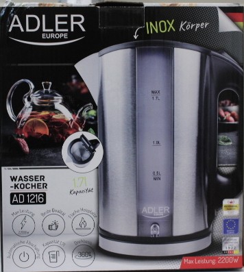 SALE OUT. Adler AD 1216 Cordless Water Kettle, 1.7L, 2000W, Filter, Boil-dry protection, Rotary base 360 degree, Illumination, Inox body SALE OUT. Adler Kettle AD 1216 Standard 2000 W 1.7 L Stainless steel 360° rotational base DAMAGED PACKAGING
