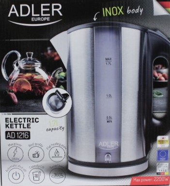 SALE OUT. Adler AD 1216 Cordless Water Kettle, 1.7L, 2000W, Filter, Boil-dry protection, Rotary base 360 degree, Illumination, Inox body SALE OUT. Adler Kettle AD 1216 Standard 2000 W 1.7 L Stainless steel 360° rotational base DAMAGED PACKAGING - Pilt 3