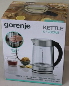 SALE OUT. Gorenje K17GDWII Kettle, Electric, Capacity 1.7 L, Power 2200 W, Stainless steel SALE OUT. Gorenje Kettle K17GDWII 2200 W Electric 1.7 L 360° rotational base Stainless steel/Glass Stainless steel/Transparent DAMAGED PACKAGING AND GLASS